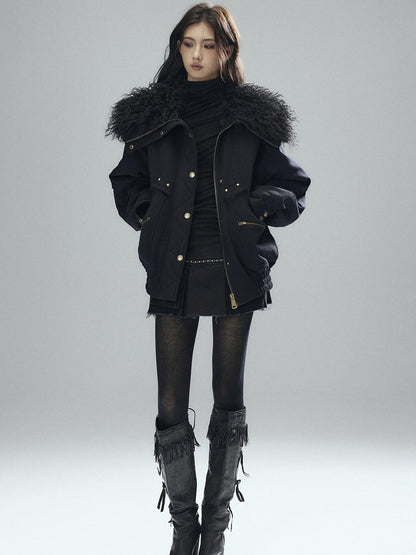 Low pixel Thick Wool Blend Multi Pocket Loose Fit Sexy Girl Black Zipper Cropped Jackets