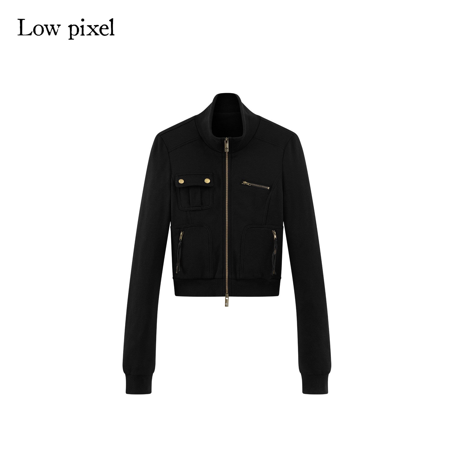 Low pixel Studded Slim Fit Zip Front Stand Collar Thick Cotton Black Top &amp; Pants Sets