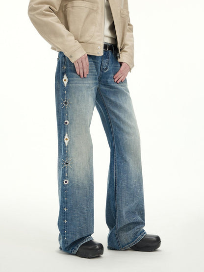 RUN TO THE FUTURE Washed Embroidered Low Rise Straight Cotton Button Fly Women Blue Wide-Leg Jeans