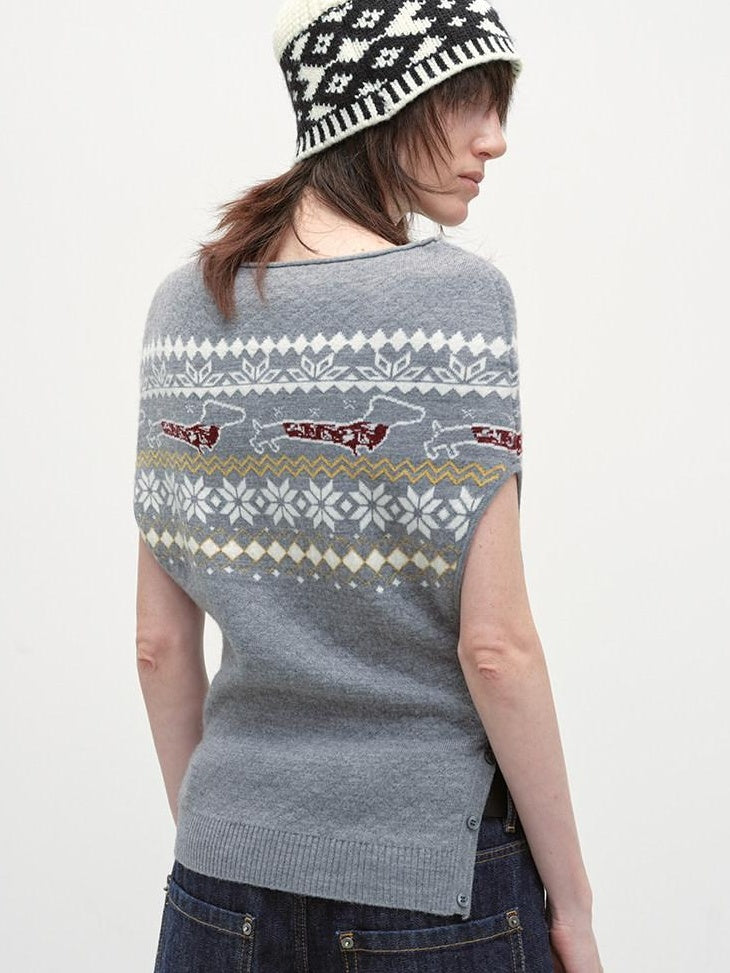 RUN TO THE FUTURE Acrylic Wool Blend Slim Cape Animal Print Women Asymmetrical Neck Grey Sweaters