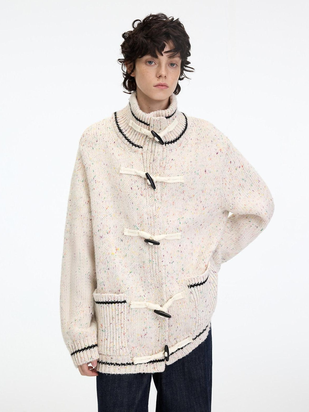 RUN TO THE FUTURE Viscose Wool Blend Button Cardigan Stand Collar Loose Fit Women Apricot Sweaters