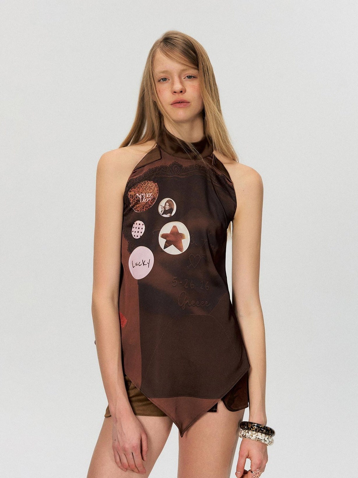 The NeverMore Silky Polyester Loose Mid Length Mock Neck Halter Women Satin Look Camisoles