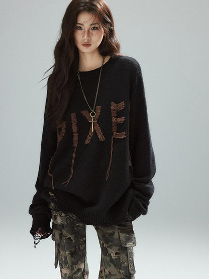 Low pixel Warm Oversized Street Style Distressed Hem Women Black Knit Pullover Sweaters