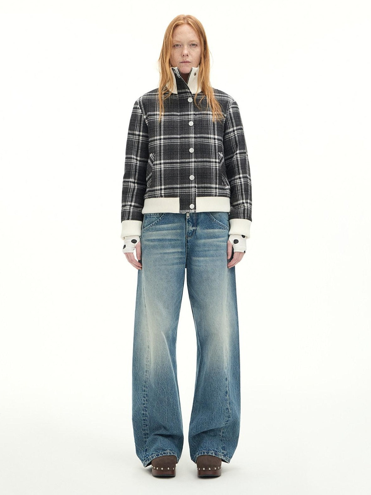 RUN TO THE FUTURE Washed Cotton Casual Natural Waist Topstitch Women Denim Blue Wide-Leg Jeans