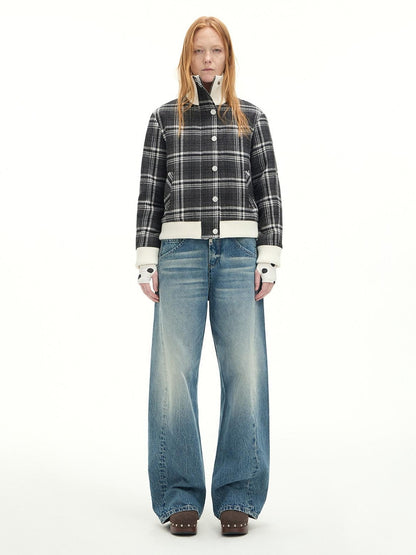 RUN TO THE FUTURE Washed Cotton Casual Natural Waist Topstitch Women Denim Blue Wide-Leg Jeans