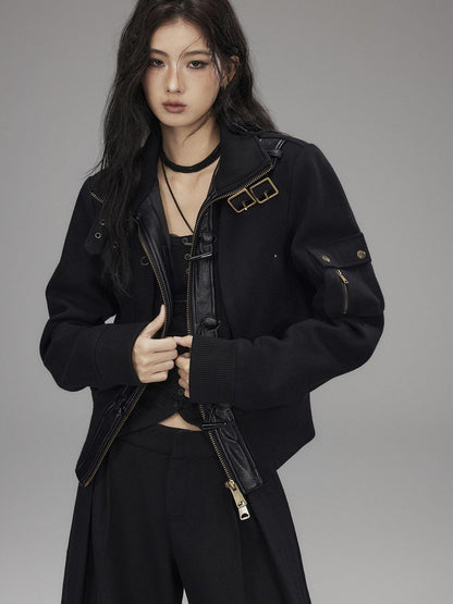 Low pixel Thick Wool Blend Slim Fit Street Hippie Stand Collar Black Cropped Jackets