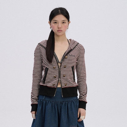Achihara Soft Stretch Cotton Striped Cropped Hooded Zip Up Straight Fit Women Hoodies