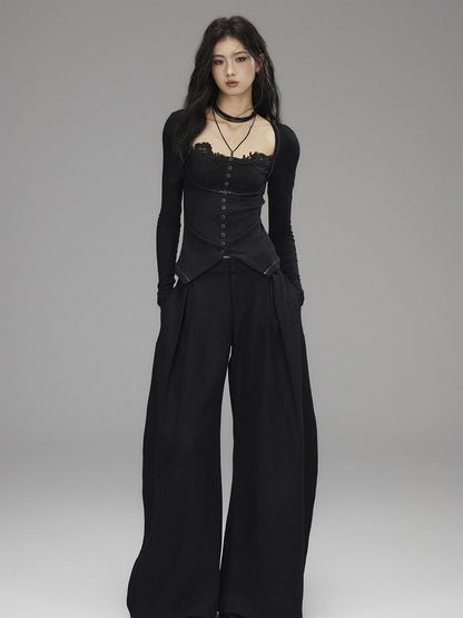 Low pixel Black Wool Blend Low Rise Zipper Casual Straight Hem Women Wide Leg Pants