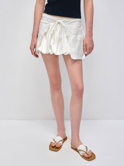 RUN TO THE FUTURE Original Minimal Cotton Lantern Low Waist Tie Pockets Women Short Trousers