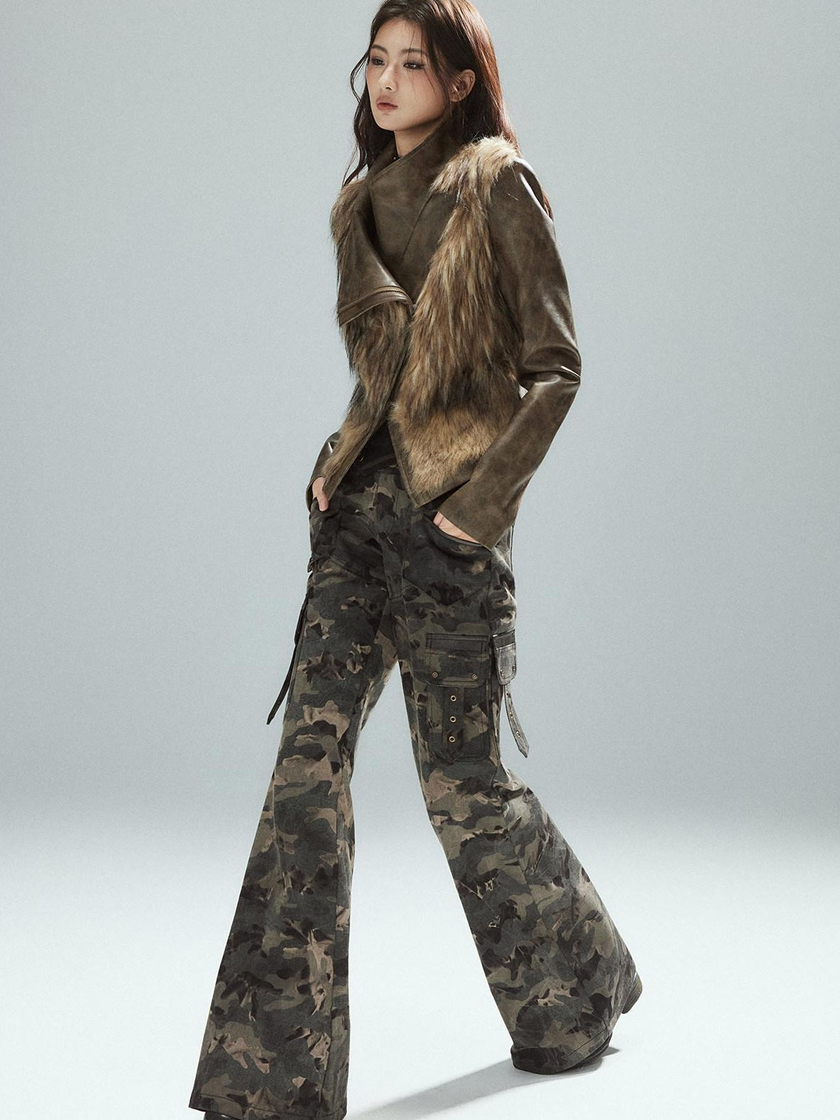 Low pixel Thick Waist Cinch Patchwork Street Style Women Brown Zipper Lapel Cropped Jackets