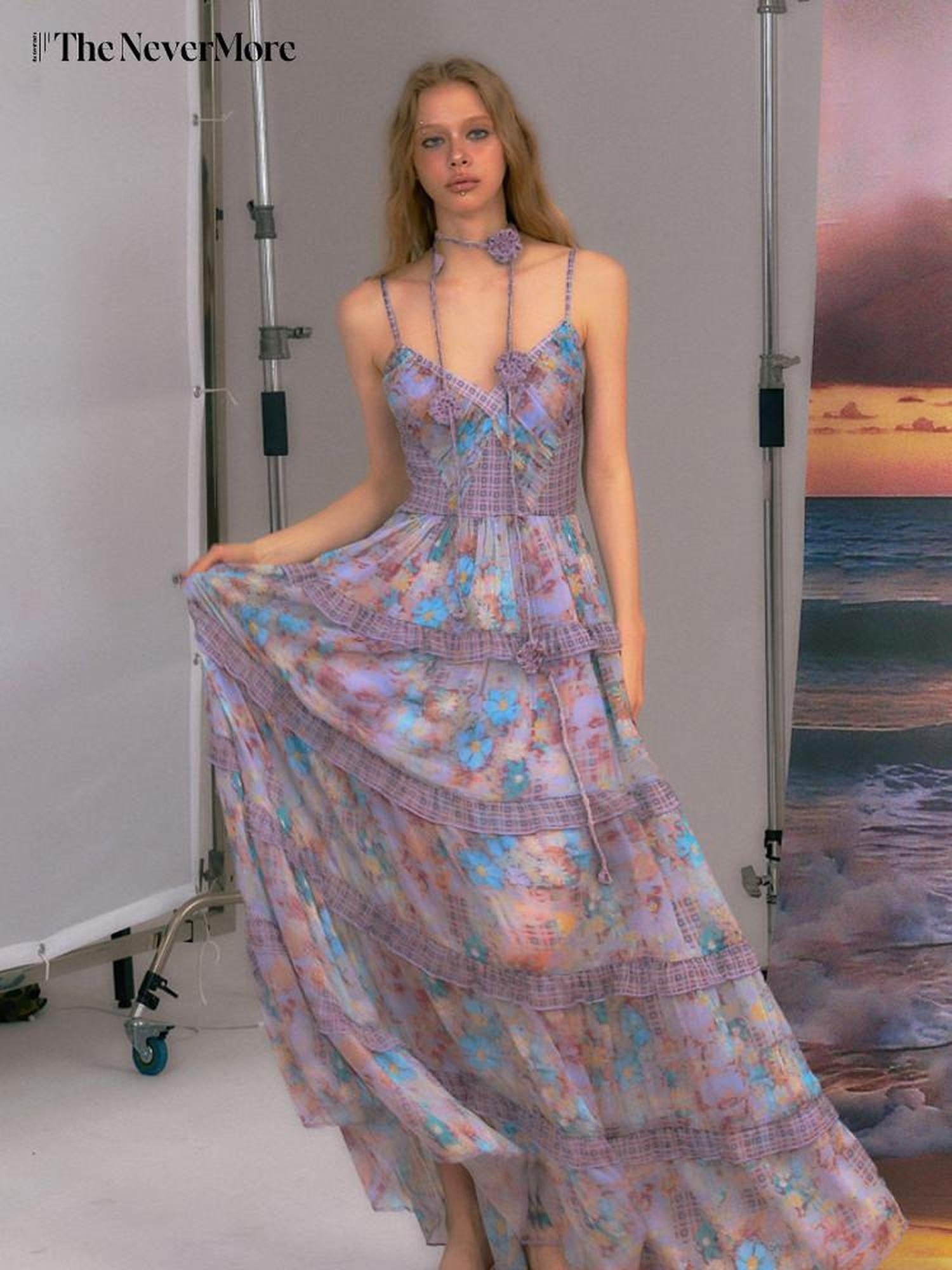 The NeverMore High Waist A Line V-neck Strappy Street Women Blue Purple Polyester Maxi Dresses
