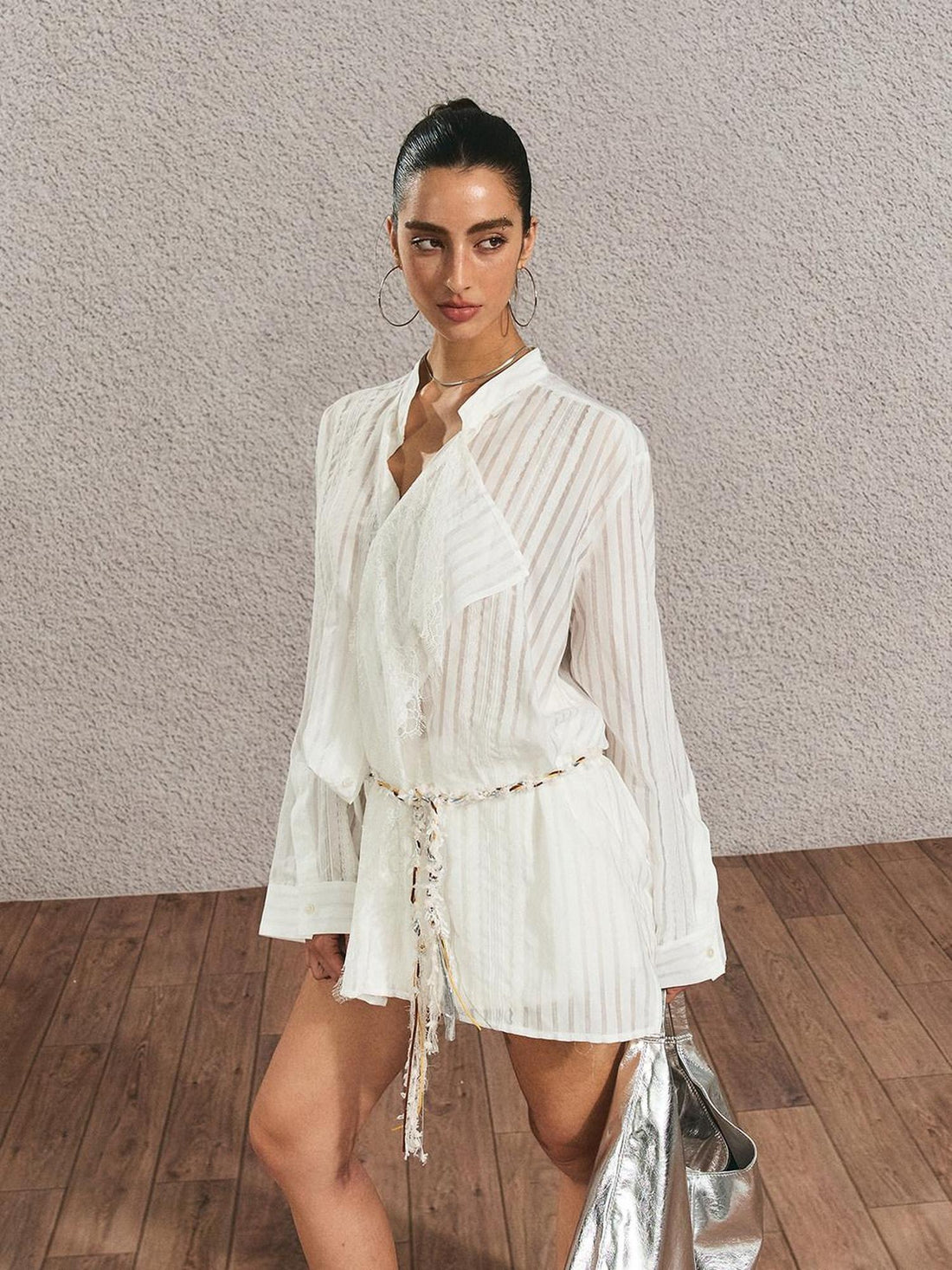 The NeverMore Breathable French Slim Button Stripe Open Cardigan Waist Tie Women Shirts