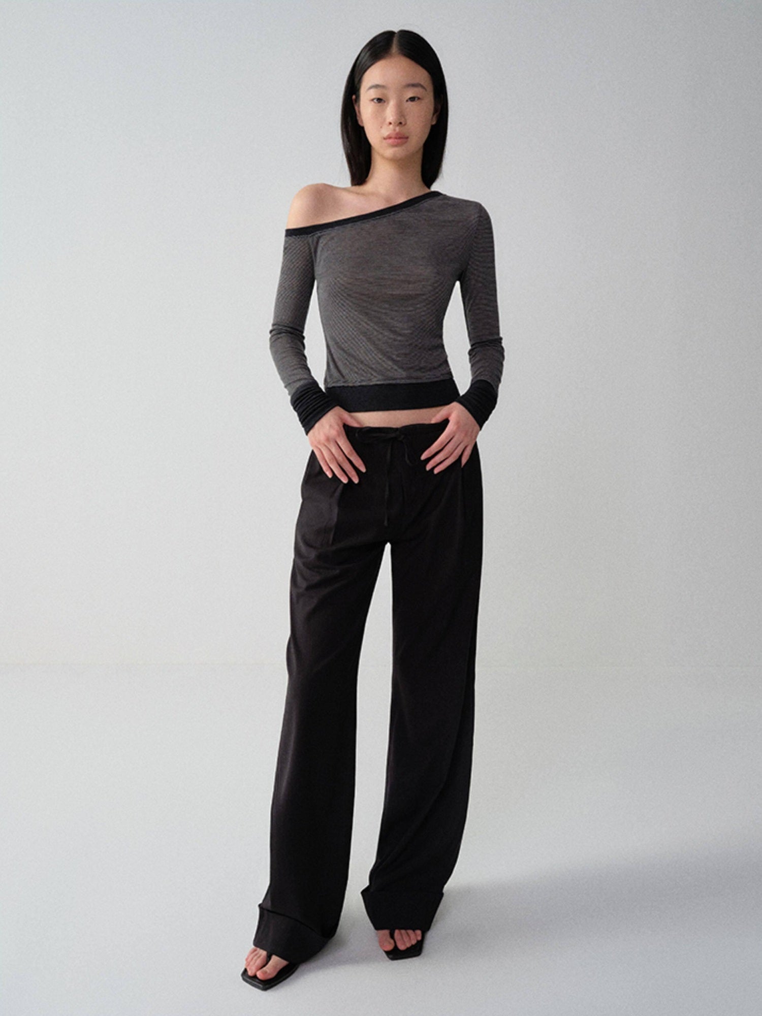 RUN TO THE FUTURE Low Waist Zip Fly Minimalist Relaxed Wide Leg Black Red Stripe Straight Pants