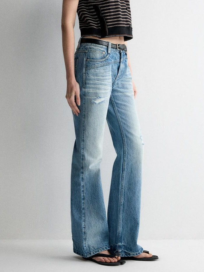RUN TO THE FUTURE Ripped Low Rise Wide Leg Casual Loose Fit Vintage Ice Blue Denim Straight Jeans