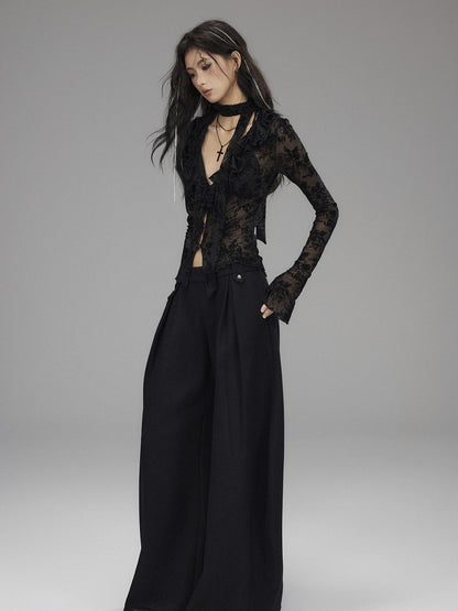 Low pixel Black Wool Blend Low Rise Zipper Casual Straight Hem Women Wide Leg Pants