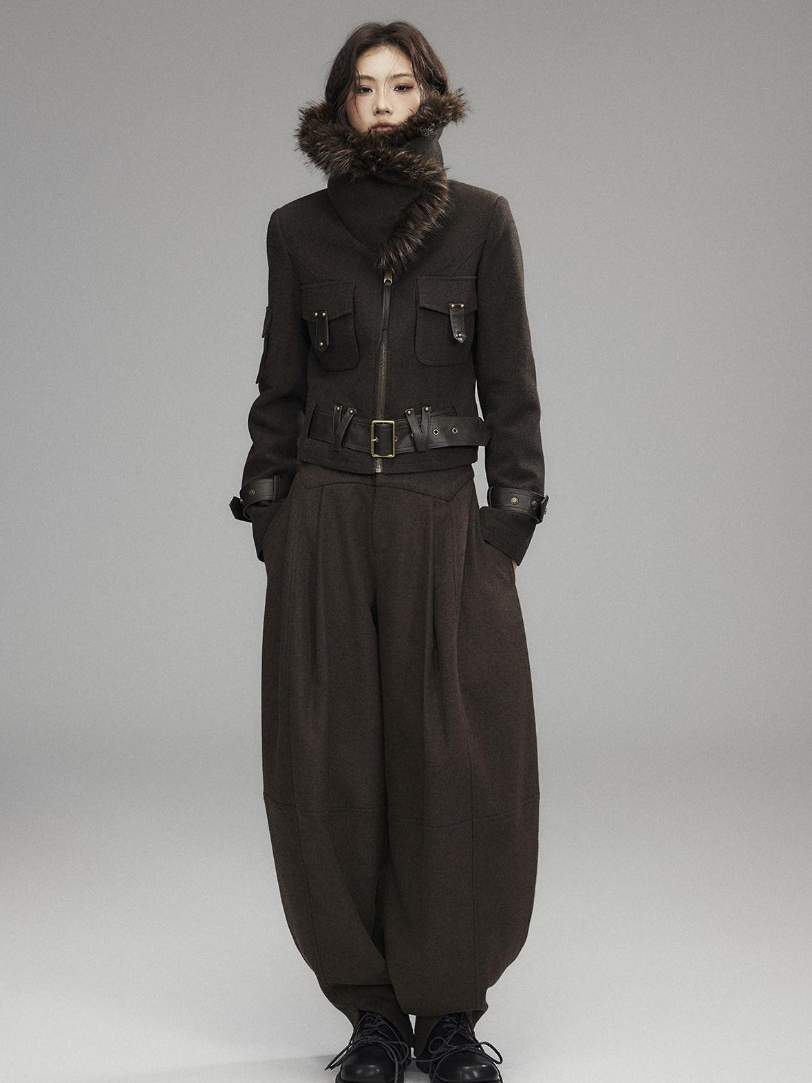 Low pixel Low Rise Wool Blend Micro Stretch Casual Zip Fly Women Black Wide Leg Pants