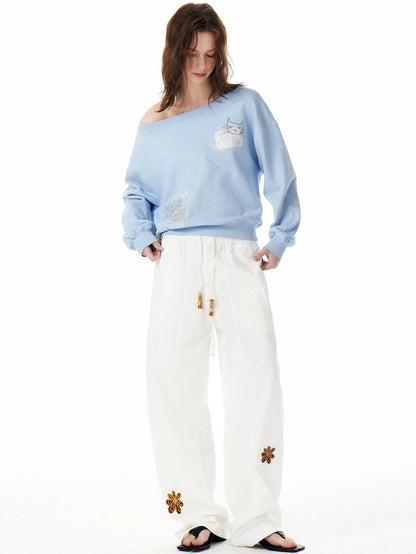 OuttheBlue Cotton Drawstring Pockets Natural Waist Workwear Long White Wide Leg Pants
