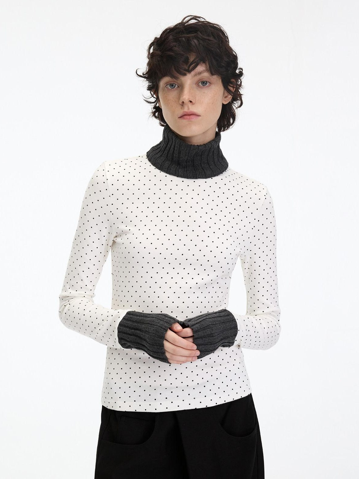 RUN TO THE FUTURE Polka Dot Patchwork High Neck Slim Fit Casual Women White Long Sleeve T-Shirts