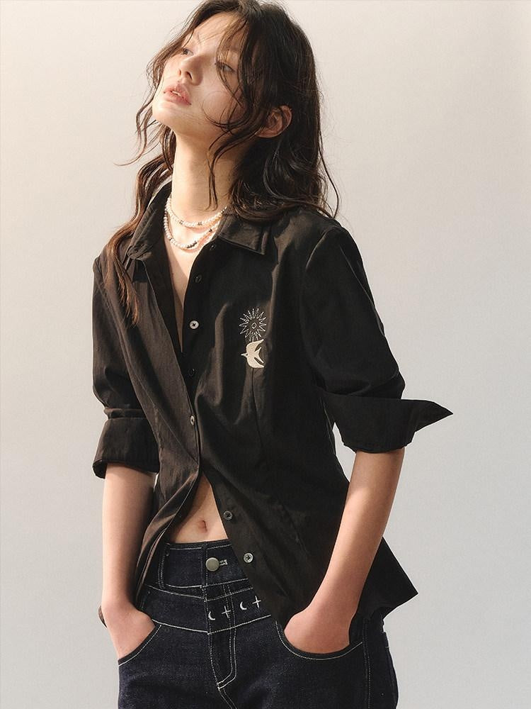 AnnoMundi Embroidered Lyocell Lace Slim Fit Double Collar Long Sleeve Women Black Blouses