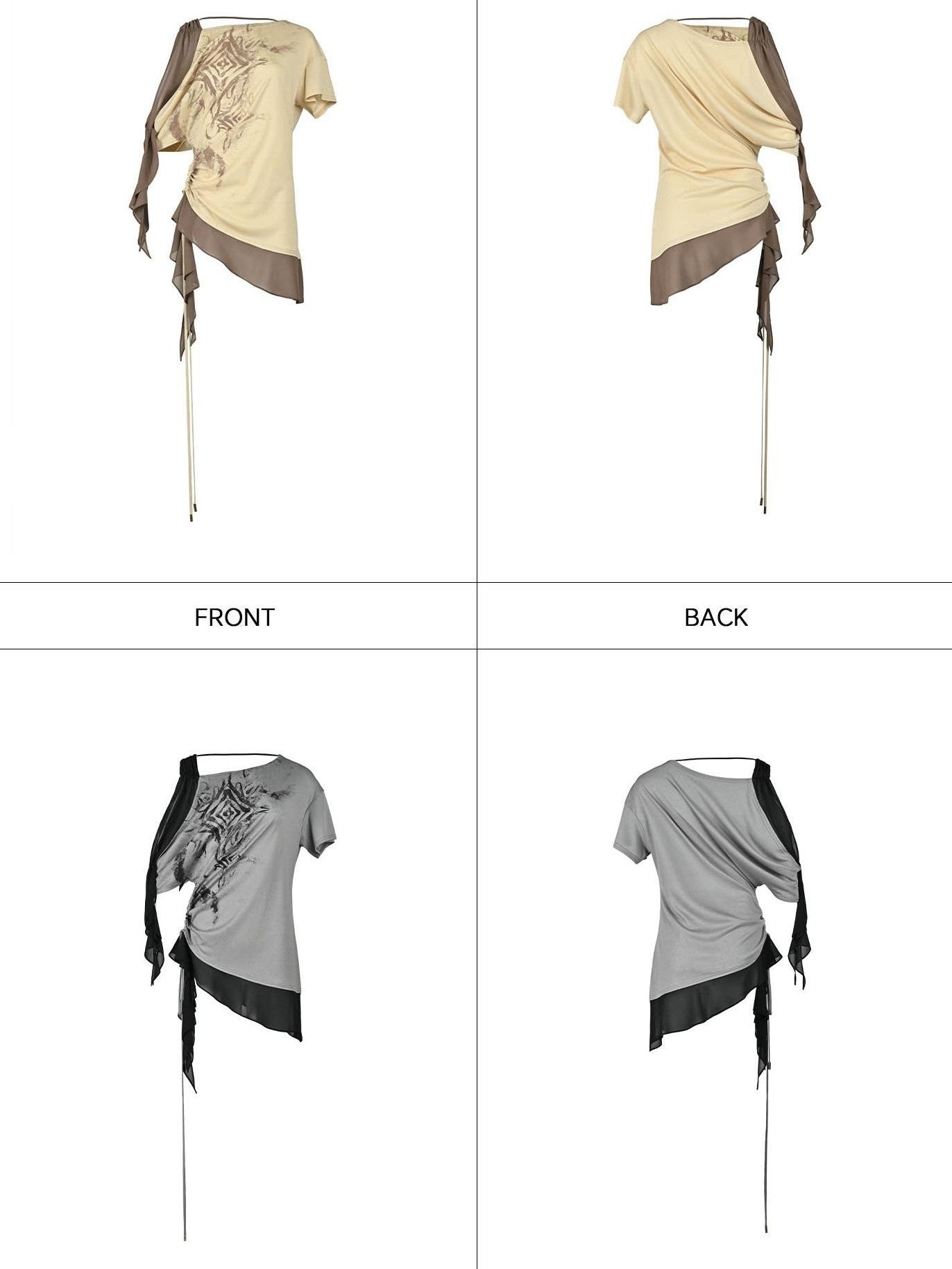 NORTH NODE Almond Gray Asymmetric Spliced Ruched Print Women&