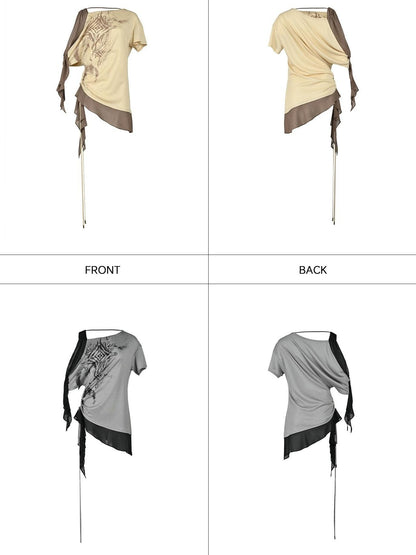 NORTH NODE Almond Gray Asymmetric Spliced Ruched Print Women&