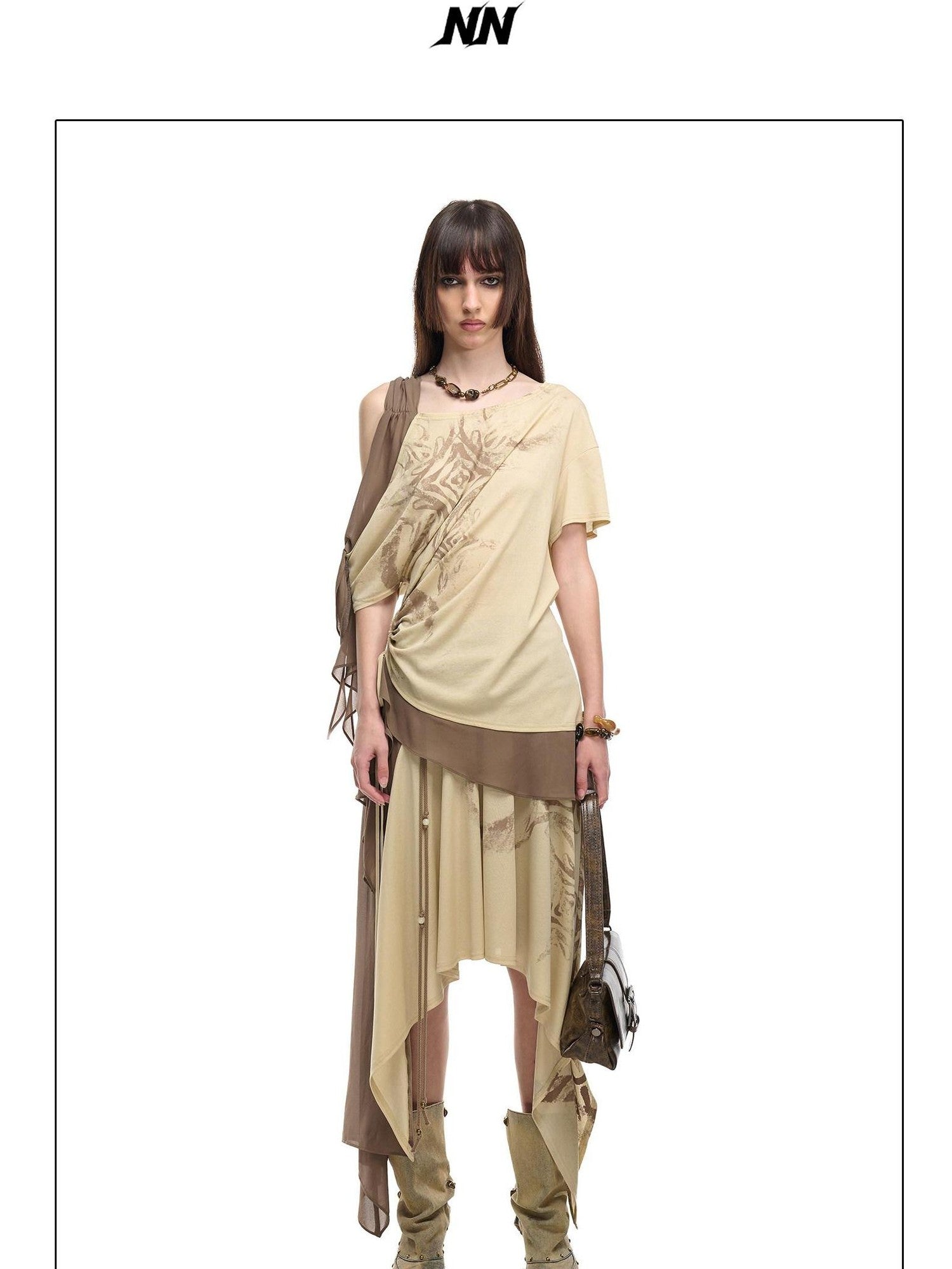 NORTH NODE Almond Gray Asymmetric Spliced Ruched Print Women&