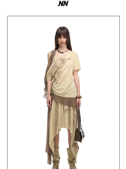 NORTH NODE Almond Gray Asymmetric Spliced Ruched Print Women&