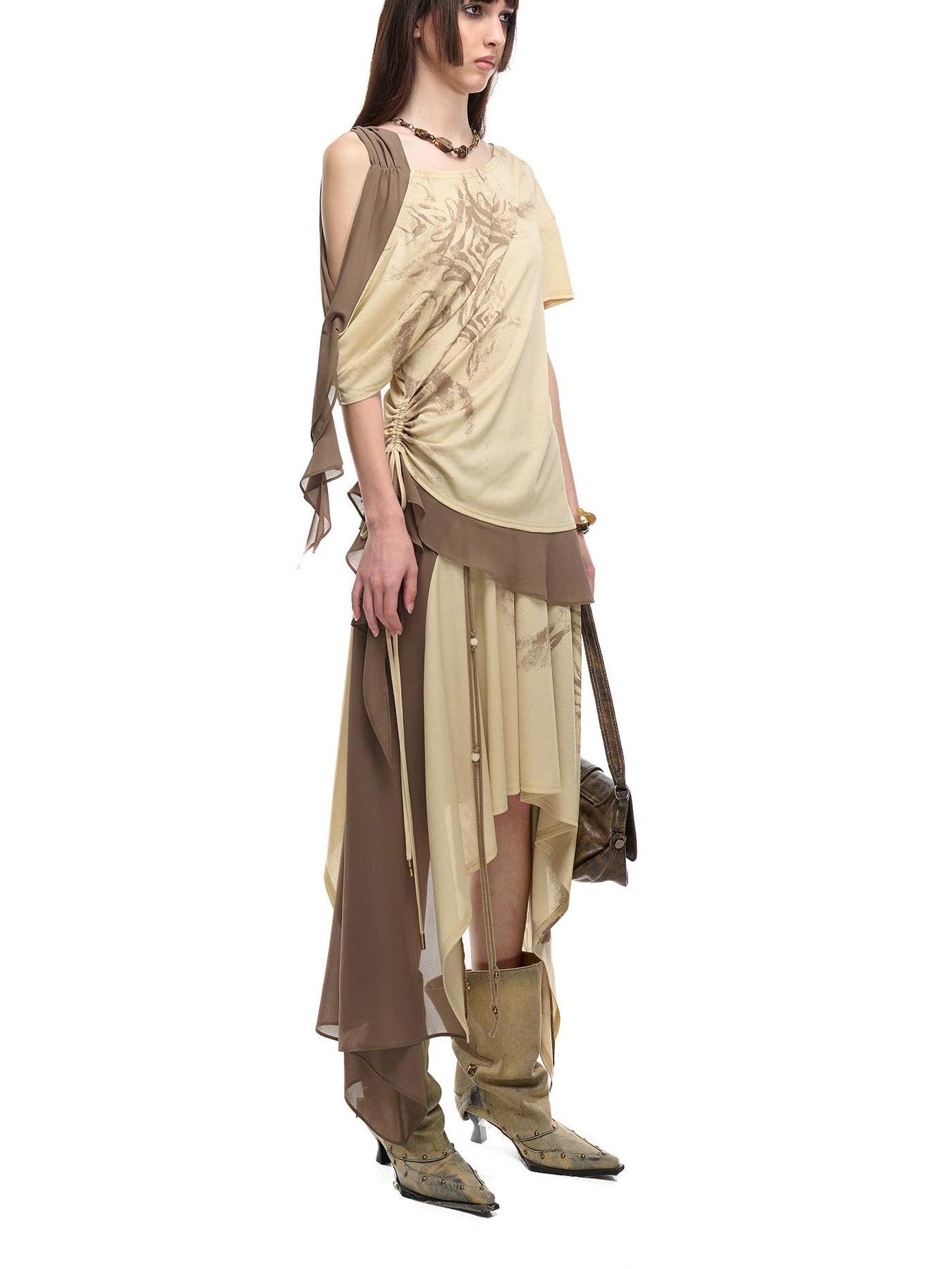 NORTH NODE Almond Gray Asymmetric Spliced Ruched Print Women&