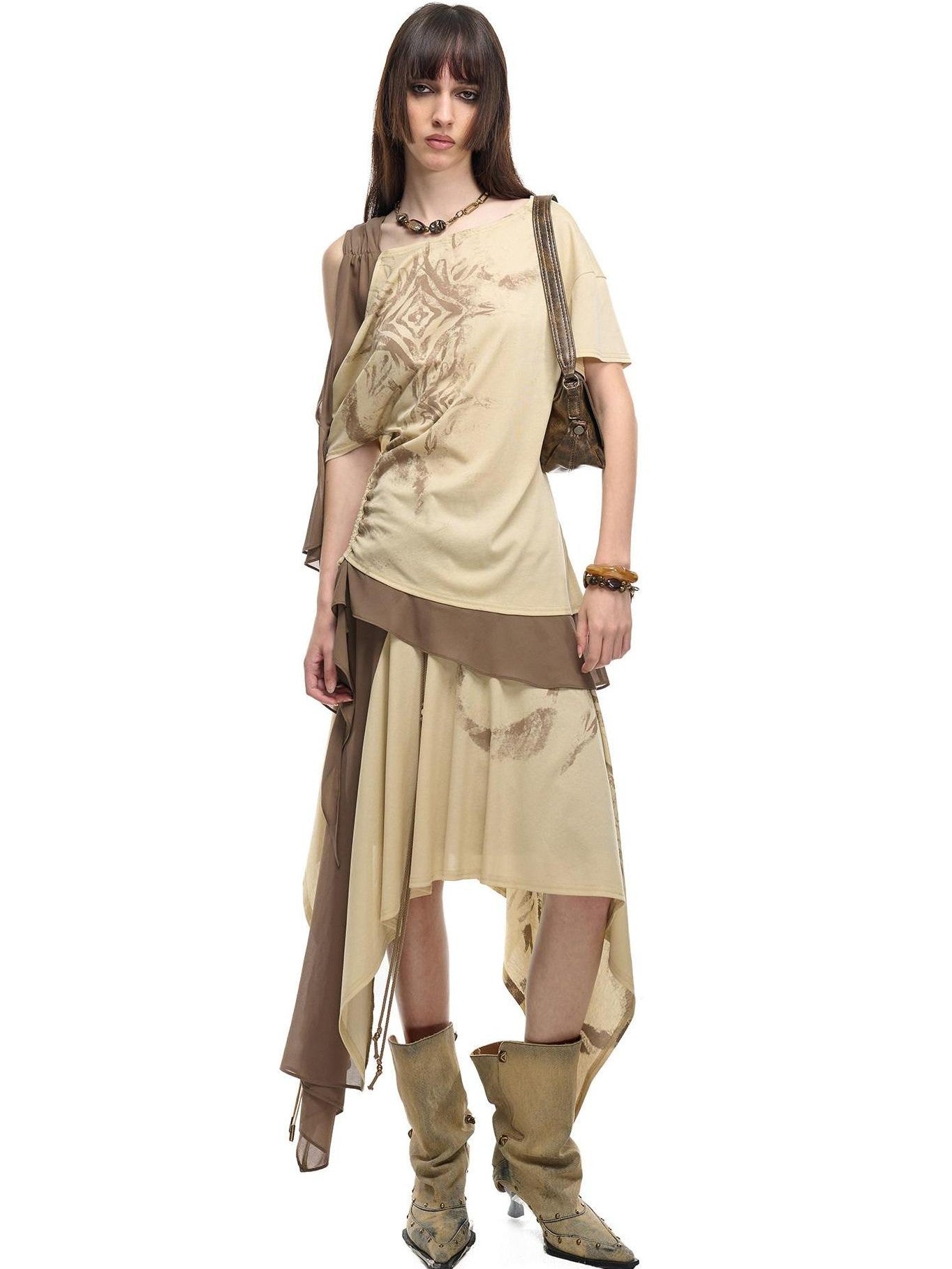 NORTH NODE Almond Gray Asymmetric Spliced Ruched Print Women&