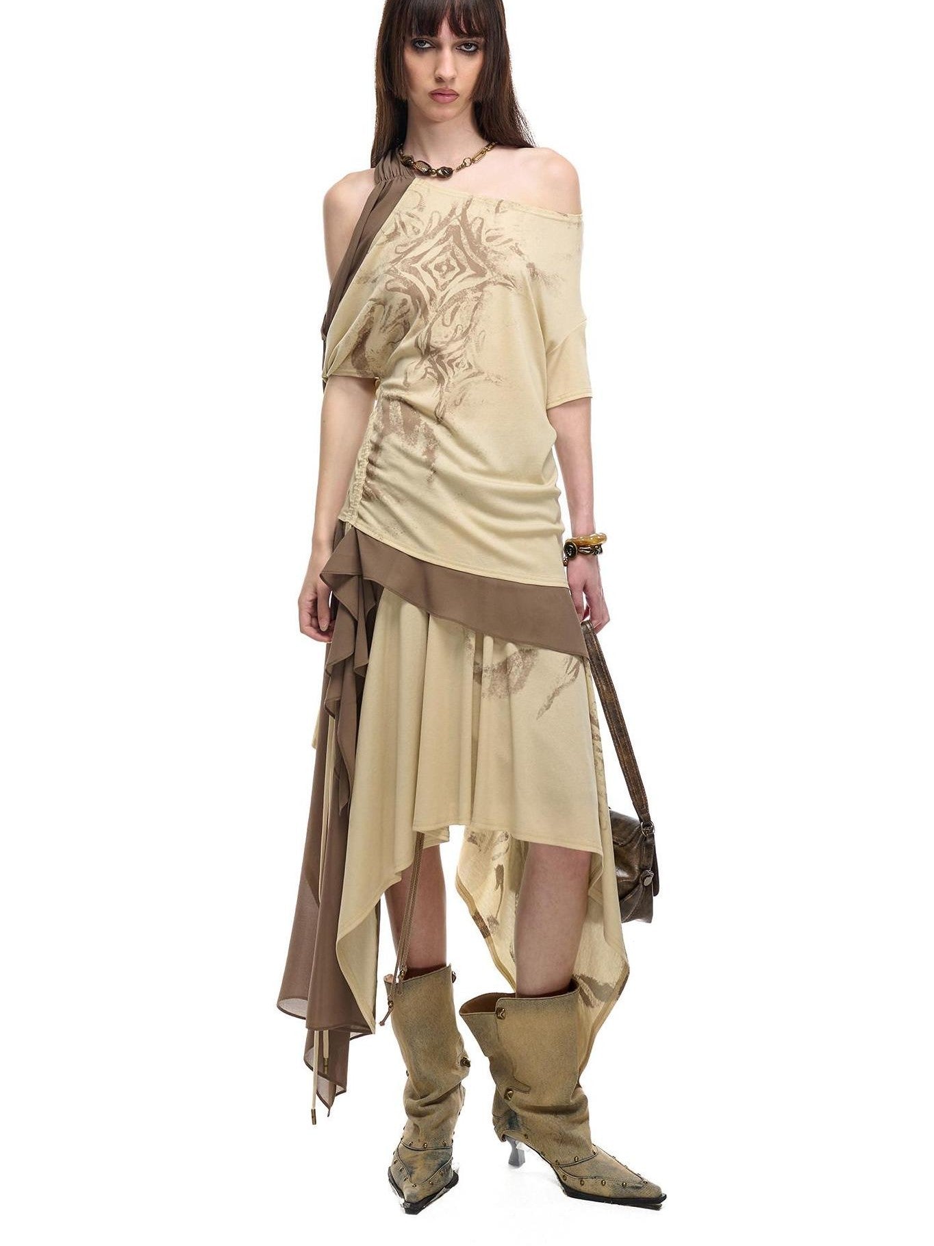 NORTH NODE Almond Gray Asymmetric Spliced Ruched Print Women&