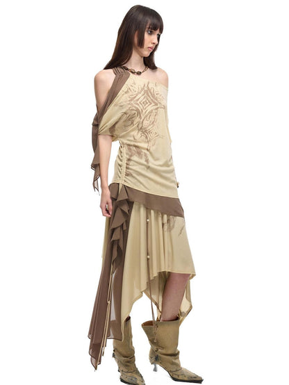 NORTH NODE Almond Gray Asymmetric Spliced Ruched Print Women&