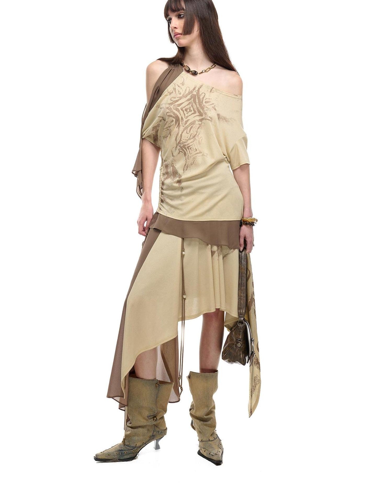 NORTH NODE Almond Gray Asymmetric Spliced Ruched Print Women&