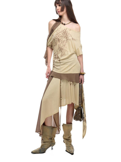 NORTH NODE Almond Gray Asymmetric Spliced Ruched Print Women&