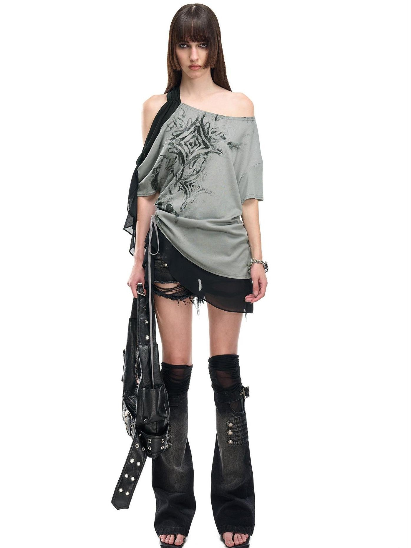 NORTH NODE Almond Gray Asymmetric Spliced Ruched Print Women&