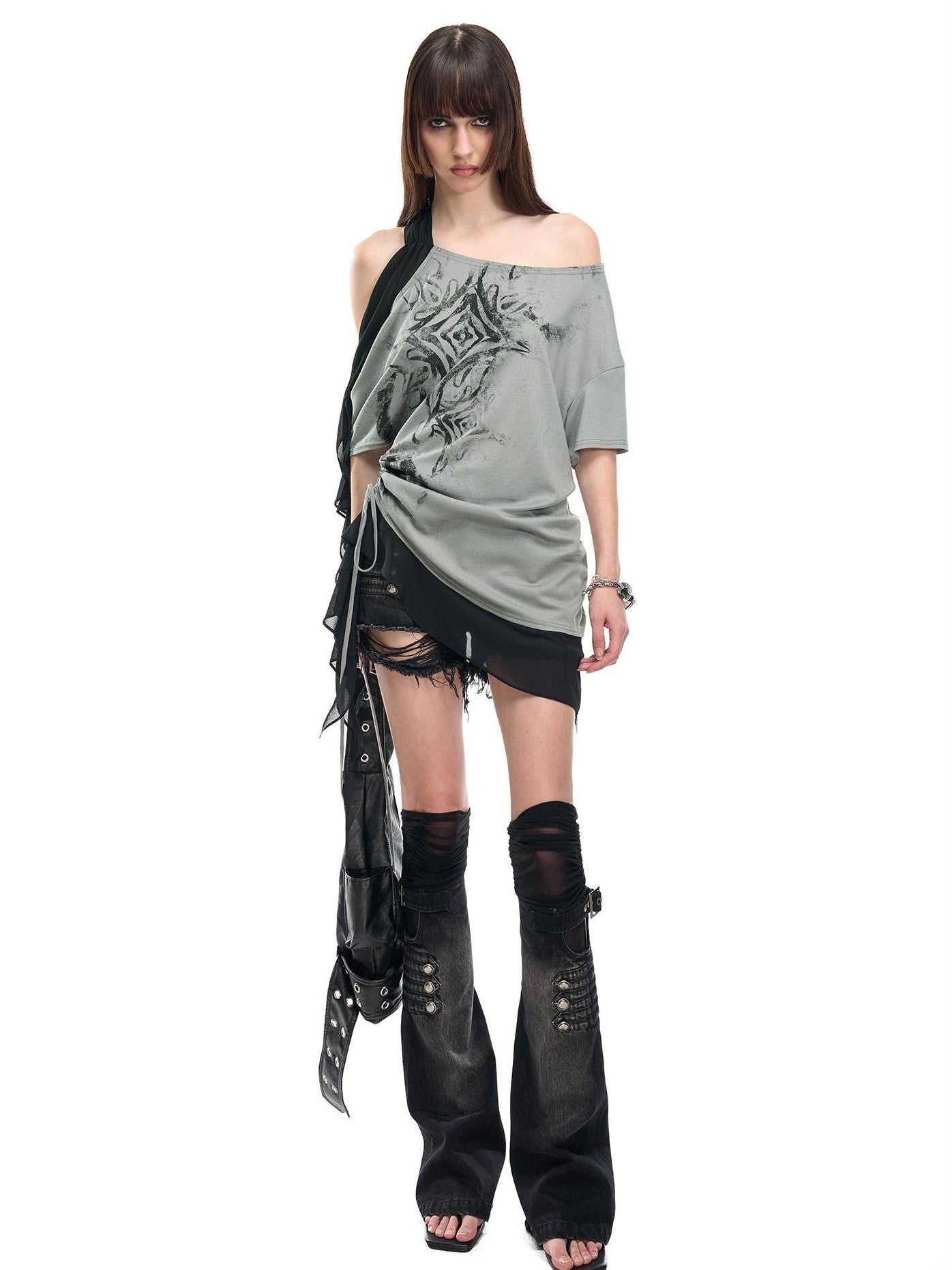 NORTH NODE Almond Gray Asymmetric Spliced Ruched Print Women&