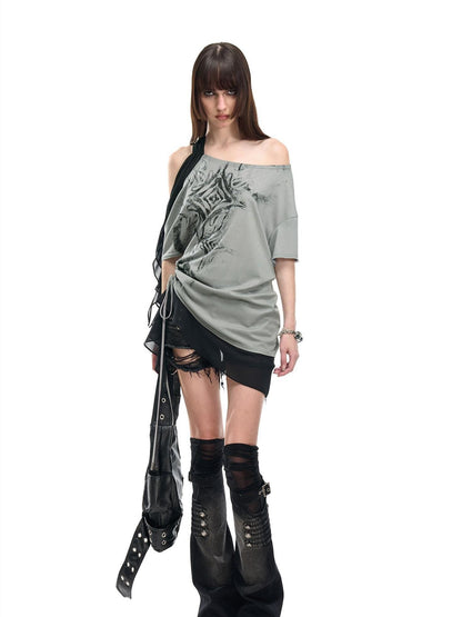 NORTH NODE Almond Gray Asymmetric Spliced Ruched Print Women&