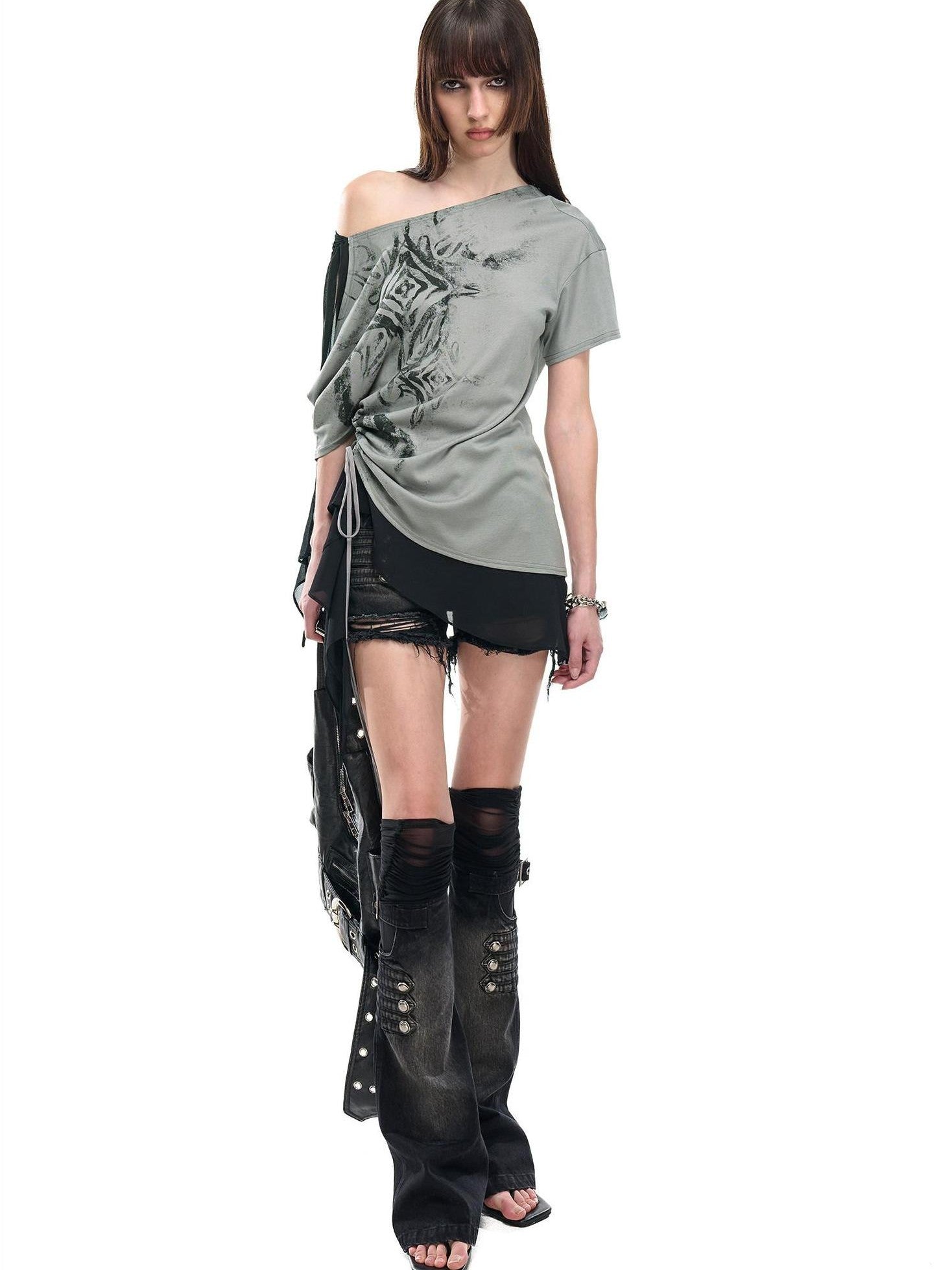 NORTH NODE Almond Gray Asymmetric Spliced Ruched Print Women&