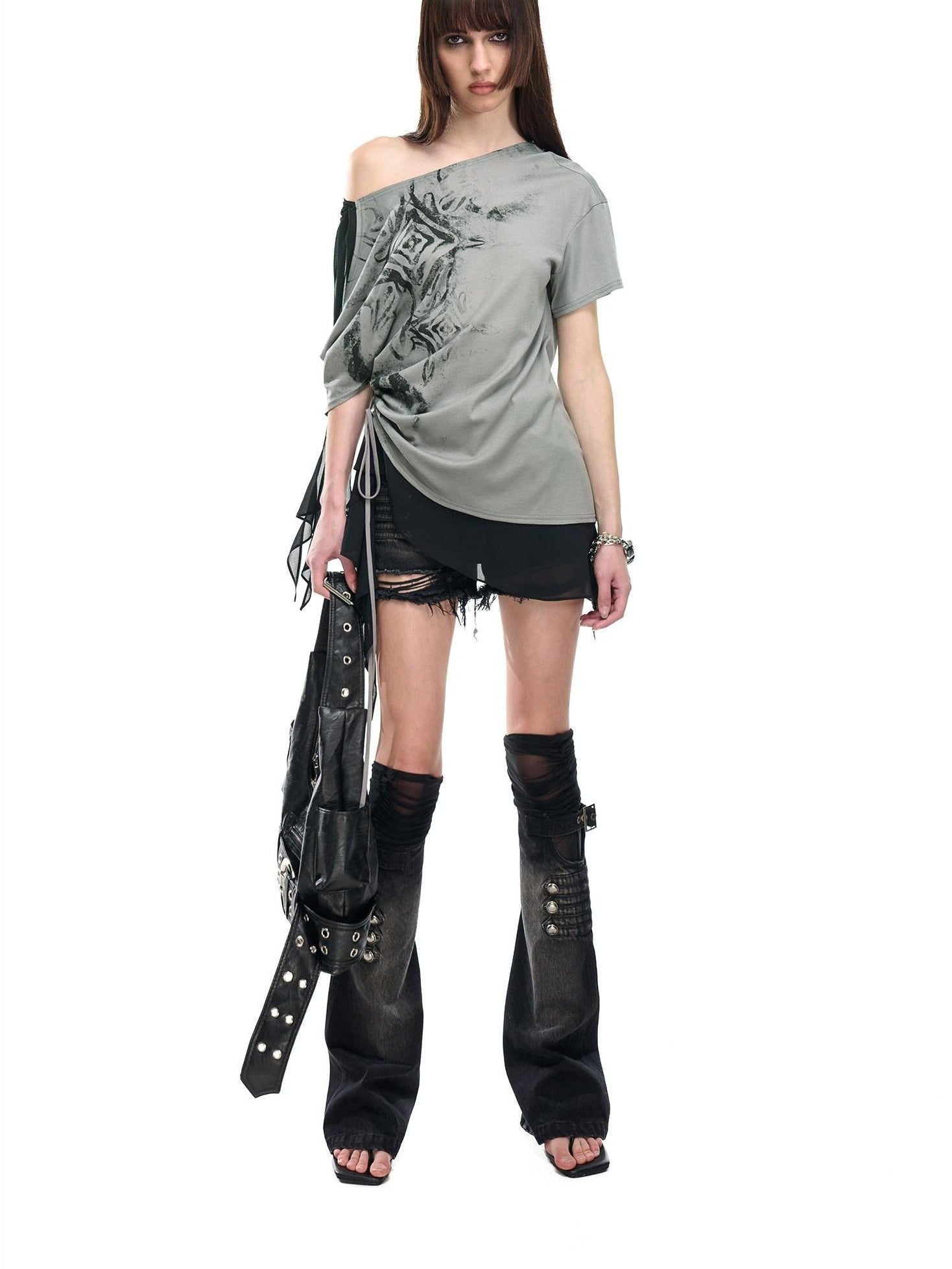 NORTH NODE Almond Gray Asymmetric Spliced Ruched Print Women&