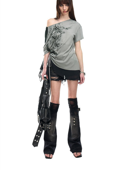 NORTH NODE Almond Gray Asymmetric Spliced Ruched Print Women&