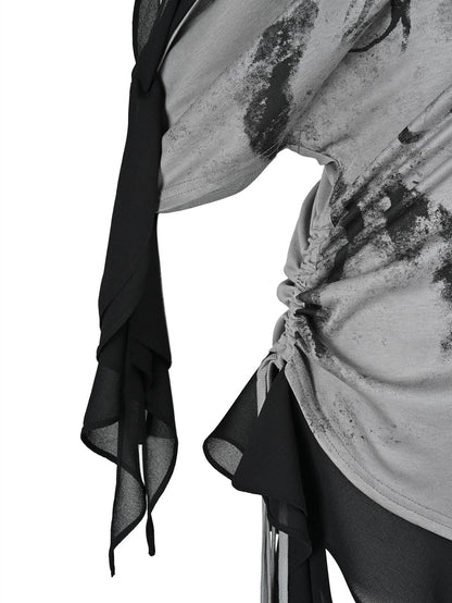 NORTH NODE Almond Gray Asymmetric Spliced Ruched Print Women&