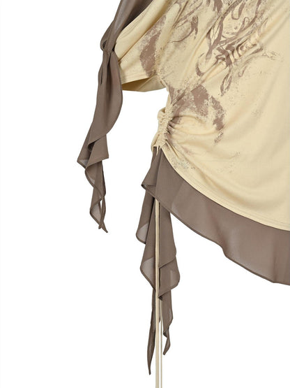 NORTH NODE Almond Gray Asymmetric Spliced Ruched Print Women&