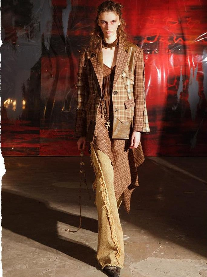 NORTH NODE Coffee Plaid Patchwork Padded Shoulders Women&