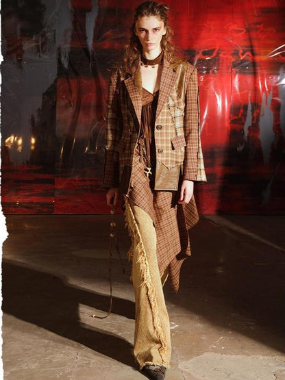 NORTH NODE Coffee Plaid Patchwork Padded Shoulders Women&