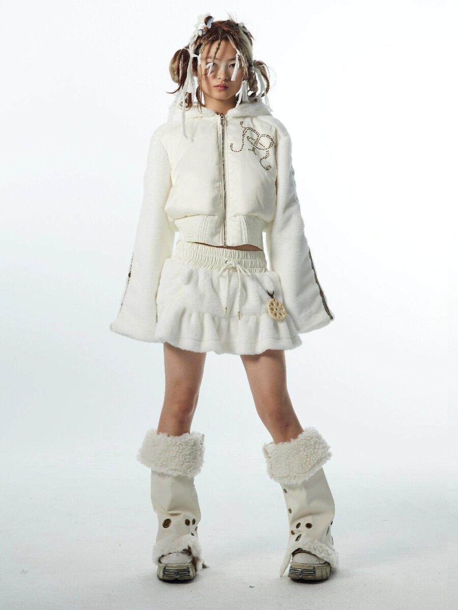 nit alcove Original Design Thick Faux Fleece Loose Cropped Bell Sleeve Unisex White Hoodie