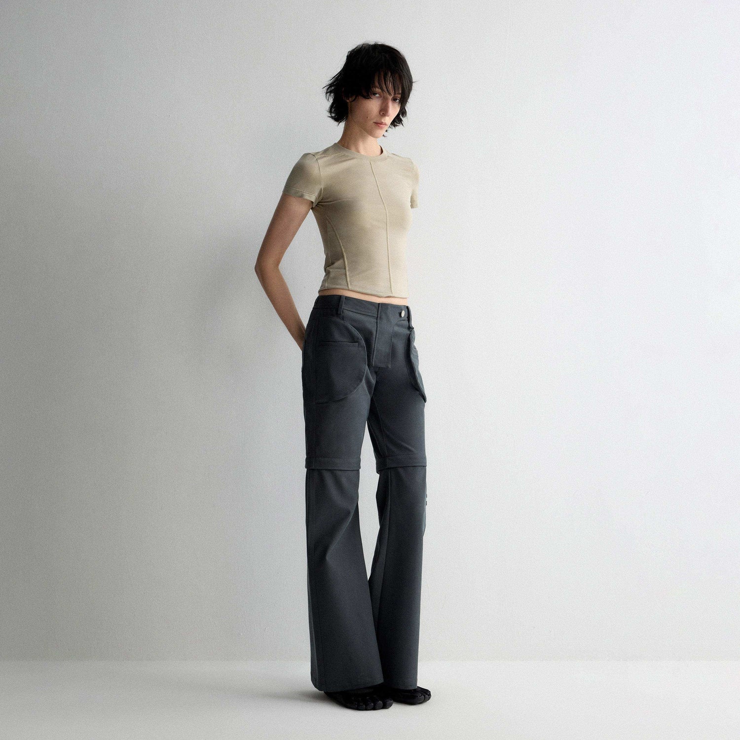 RUN TO THE FUTURE Recycled Fiber Original Micro Flare Low Waist Zip Fly Women Pocketed Chinos