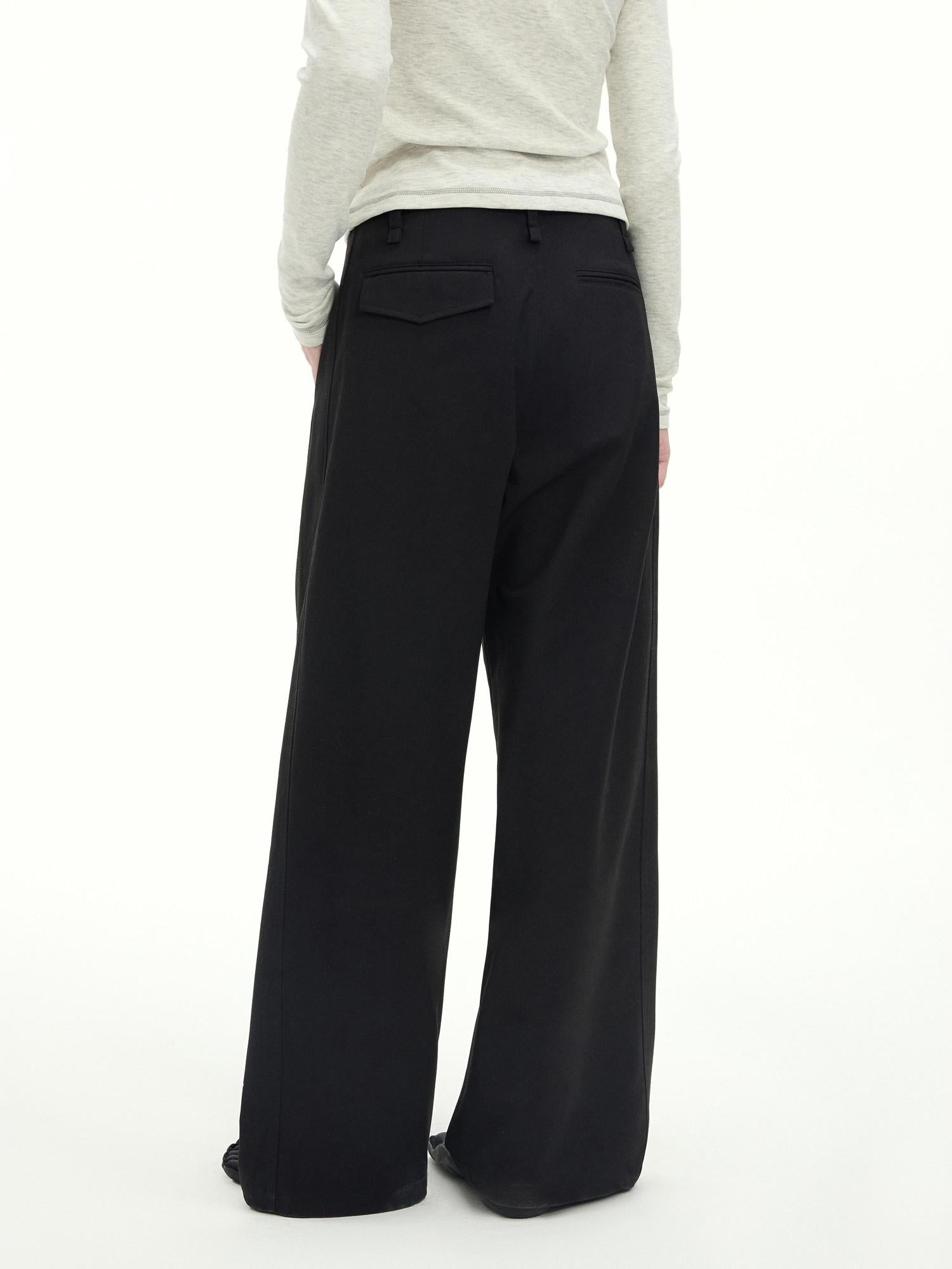 RUN TO THE FUTURE Stretch Wool Blend Casual Wide Leg Drawstring Mid Low Rise Women Black Chinos