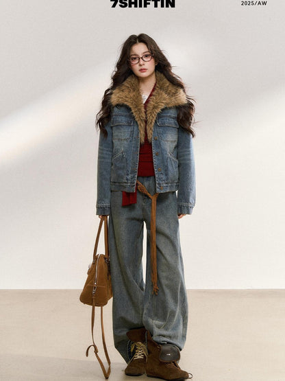 7Shiftin Warm Detachable Fur Collar Casual Cropped Women Long Sleeve Denim Jackets