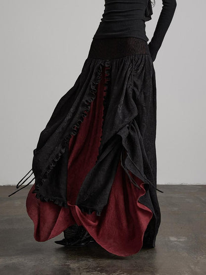 INDULGE Soft Comfy Rayon Ruffle Hem Gothic A Line Side Zipper Black Tiered Skirts