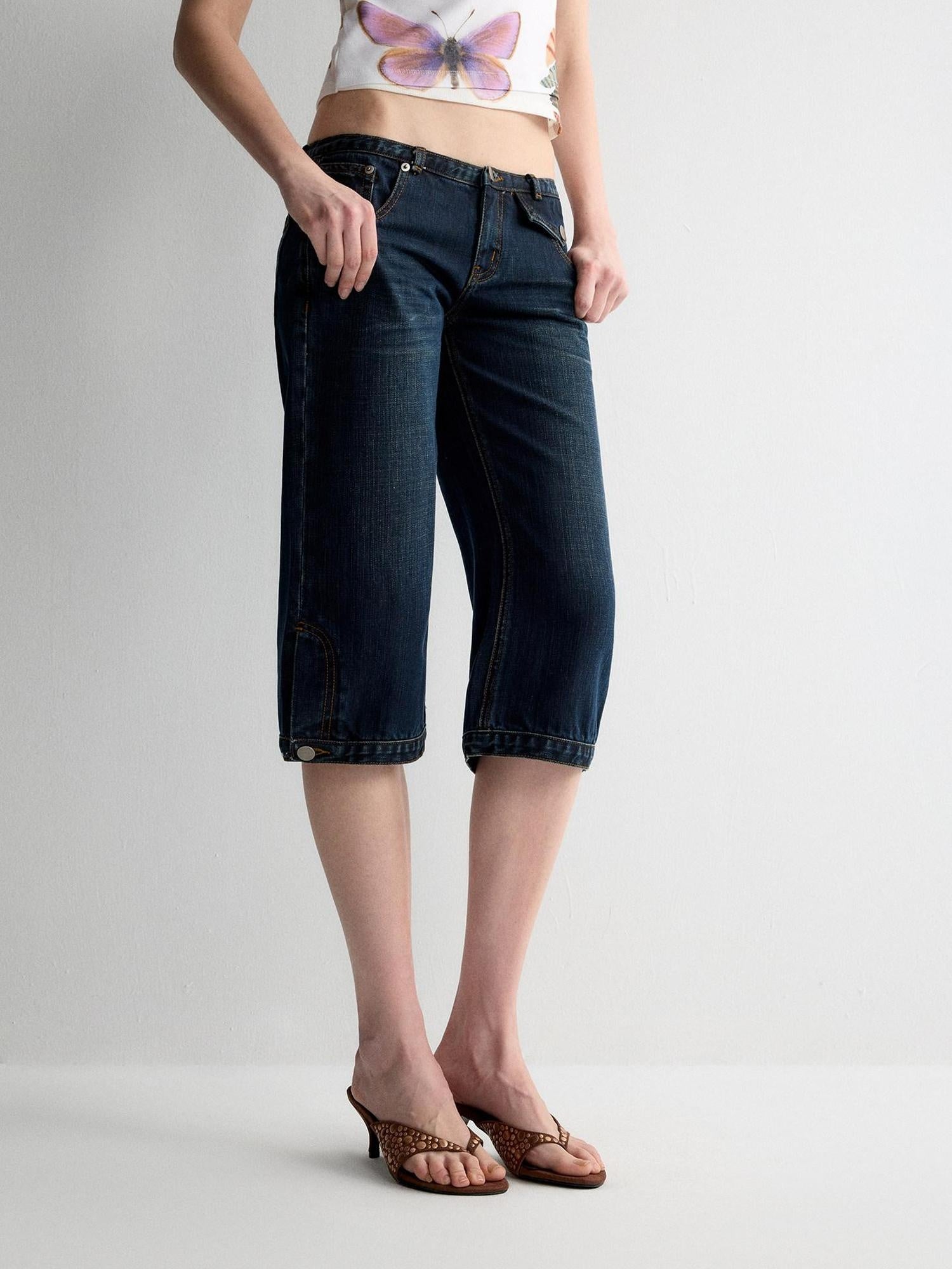 RUN TO THE FUTURE Durable Vintage Deep Blue Casual Low Rise Straight Fit Zipper Denim Shorts