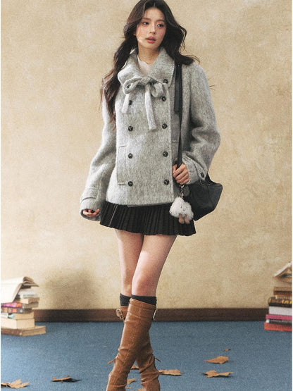 7Shiftin Warm Casual Fitted Waist Bow Detail Double Breasted Cropped Women Knit Sweaters